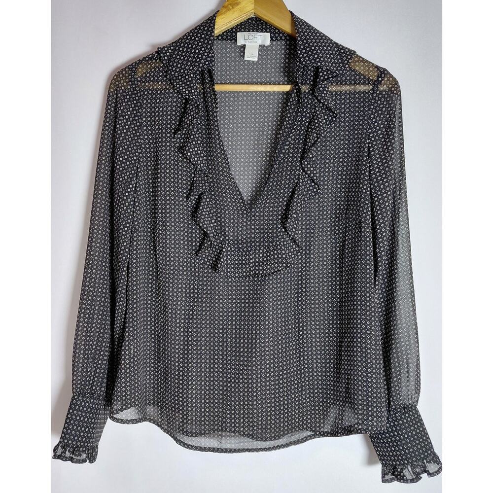 LOFT petites Ann Taylor Ruffle Blouse Black Solid Chiffon Size 12P